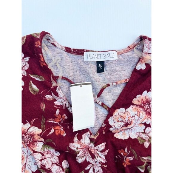 PLANET GOLD Women's Red Zinfandel Floral Long Sleeve Dress Size M Crisscross V-N - Picture 2 of 14